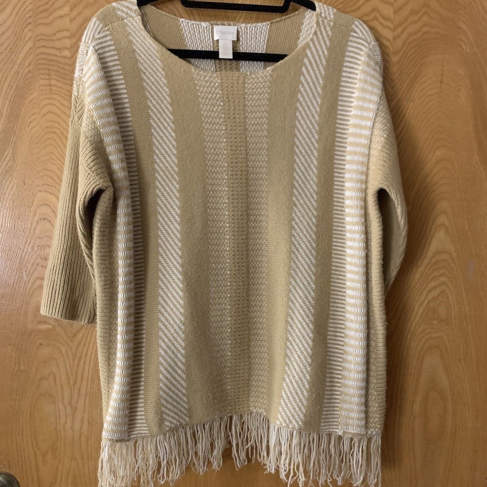 Chico's Sweater  Size 0 / Small Women's  Beige 3/4 Sleeve Fringed Hem  Striped